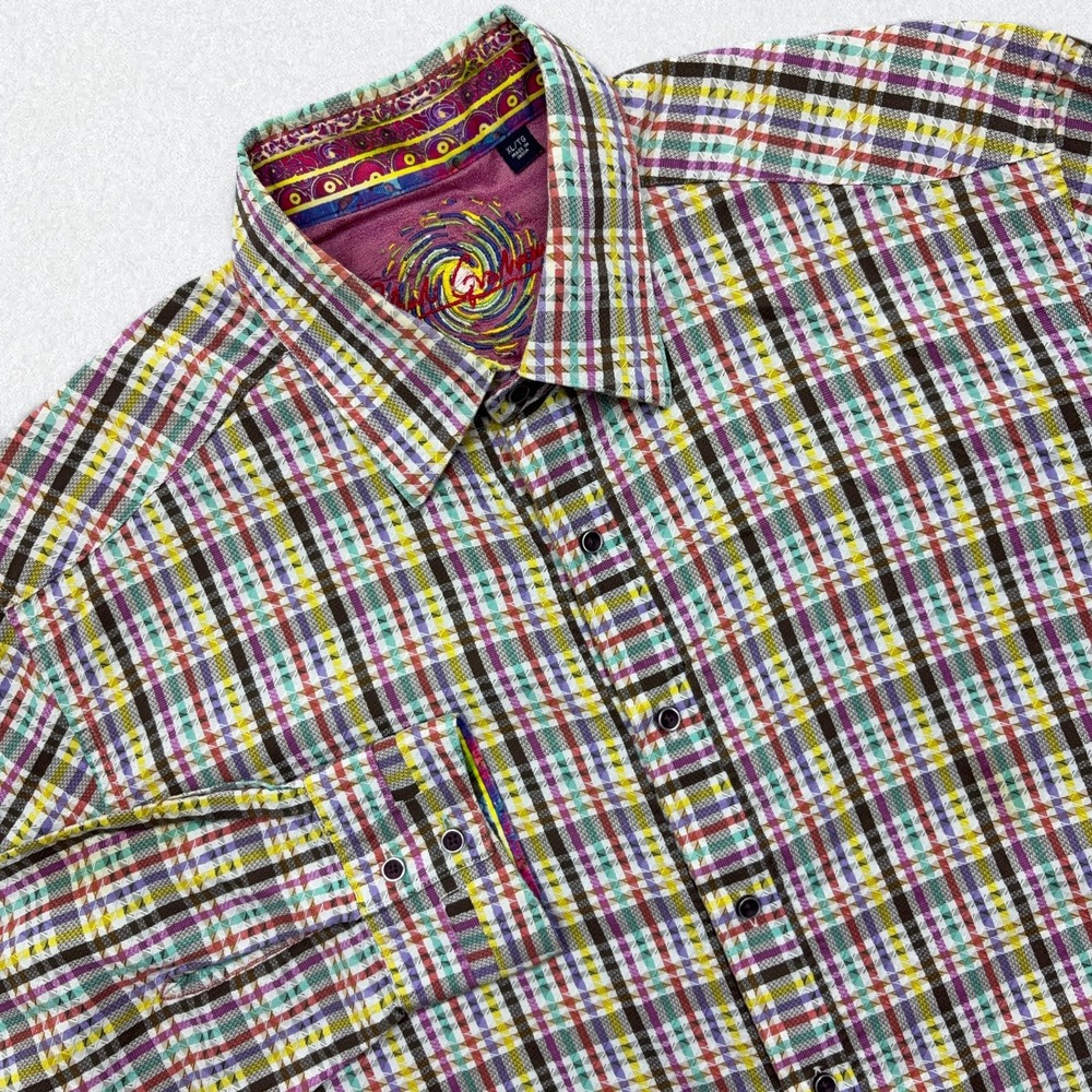 Robert Graham Shirt Mens XL Multicolor Plaid Button Up Long Sleeve Contrast Trim